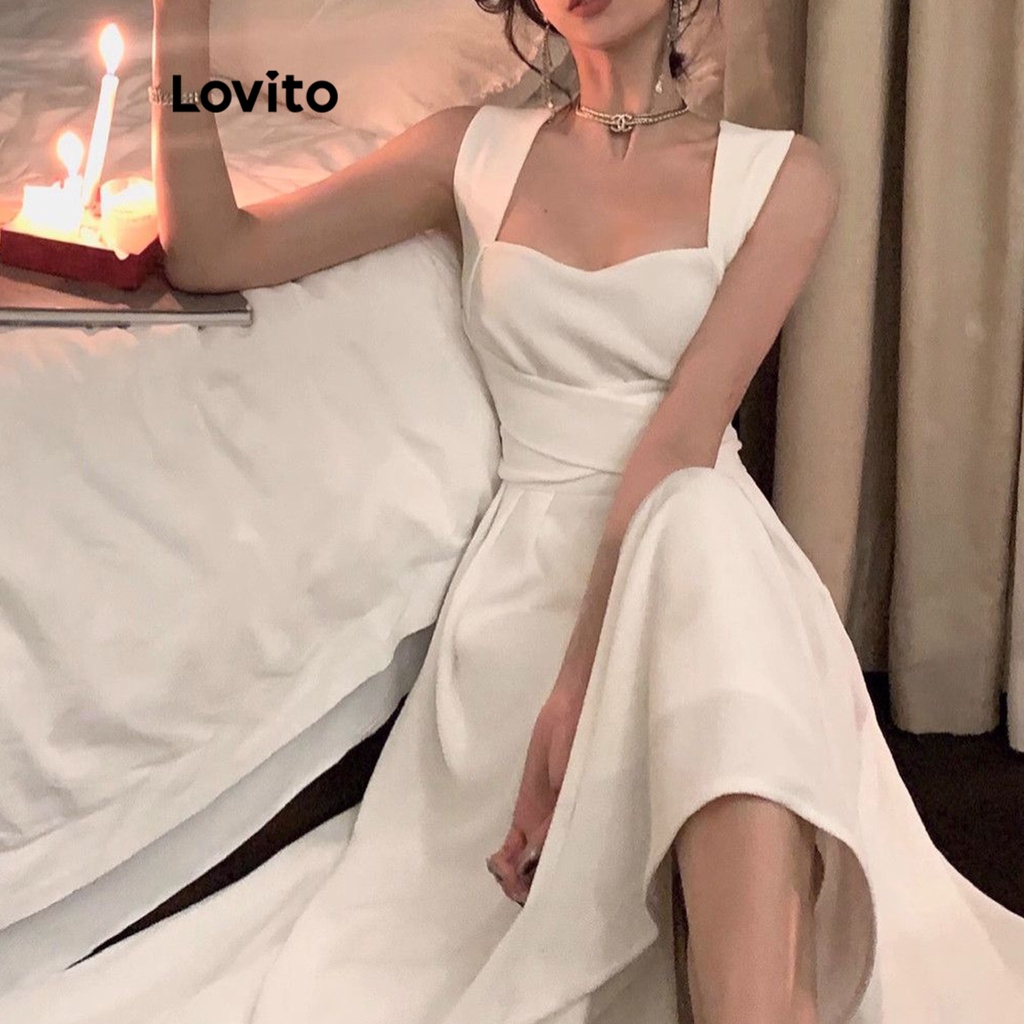 Đầm Lovito phối dây chéo cột nơ lưng màu trơn thường ngày cho nữ LNA19217