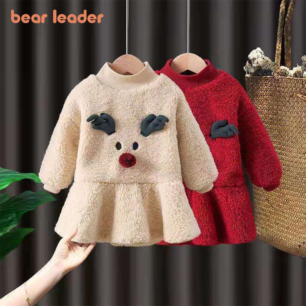 Bear leader baby girl's dress 2023 new autumn winter lamb velvet elderly elk horn váy dài tay cho 1-6 tuổi