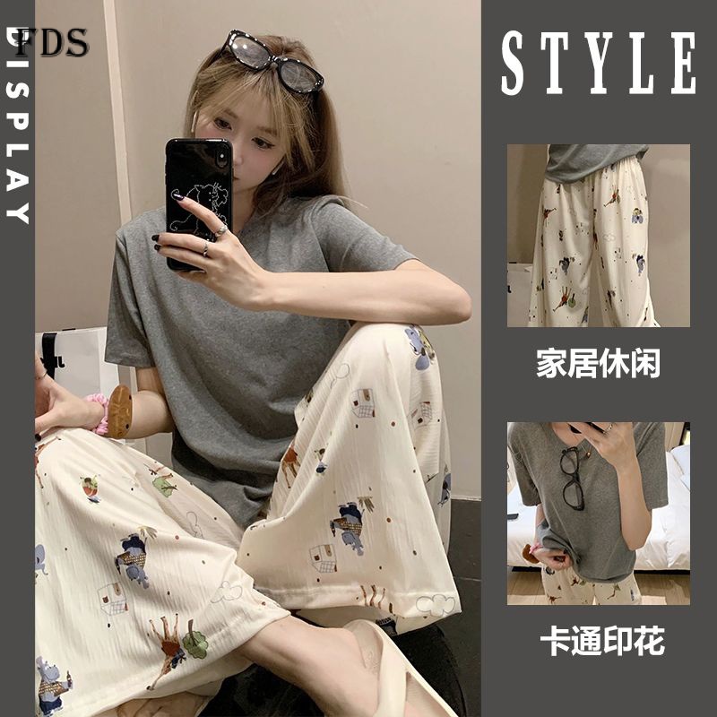 Fds simple casual hàn quốc pyjamas nữ mùa hè dễ thương phong cách nữ tính ngọt ngào quần ngắn-tay áo bộ đồ mặc nhà