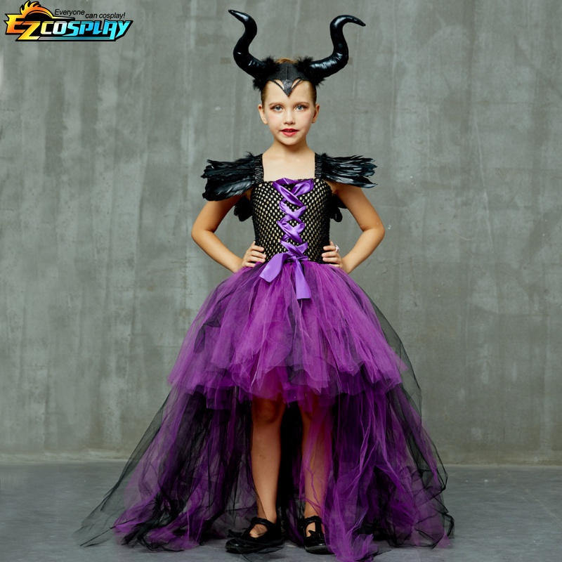 Disney maleficent costume dress halloween girls fancy christening black glam gownprom kids cosplay demon queen quần áo phù thủy