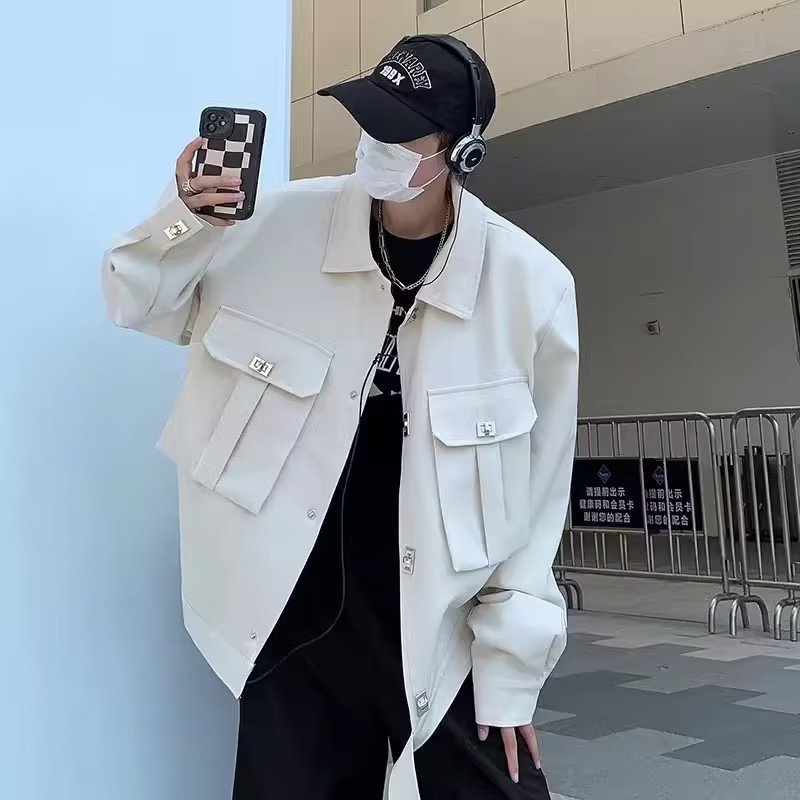 Phiên bản hàn quốc cao đường phố màu đen nút kim loại đệm vai áo khoác ngắn nam nữ hợp thời trang giản dị áo khoác cặp đôi all-match