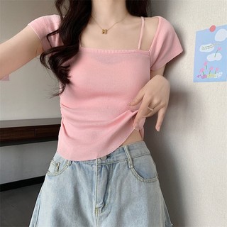 Cổ vuông áo len ngắn tay cho phụ nữ mùa hè mới mỏng mỏng-vừa vặn ngắn trên