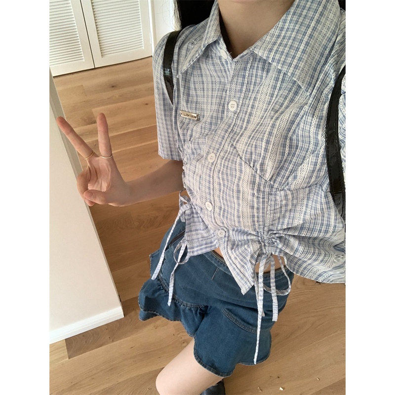 Suxi all-match kẻ sọc dây rút ngắn-tay áo sơ mi nữ mùa hè cropped top