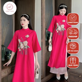 Áo dài cách tân nữ Mộc Lâm áo dài truyền thống màu hồng sen cổ tàu tay lỡ chất liệu Linen thêu hoa cao cấp đủ size AD62