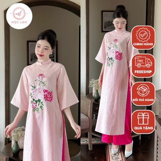Áo dài cách tân nữ Mộc Lâm áo dài truyền thống hồng phấn cổ tàu tay lỡ chất liệu Linen thêu hoa cao cấp AD63