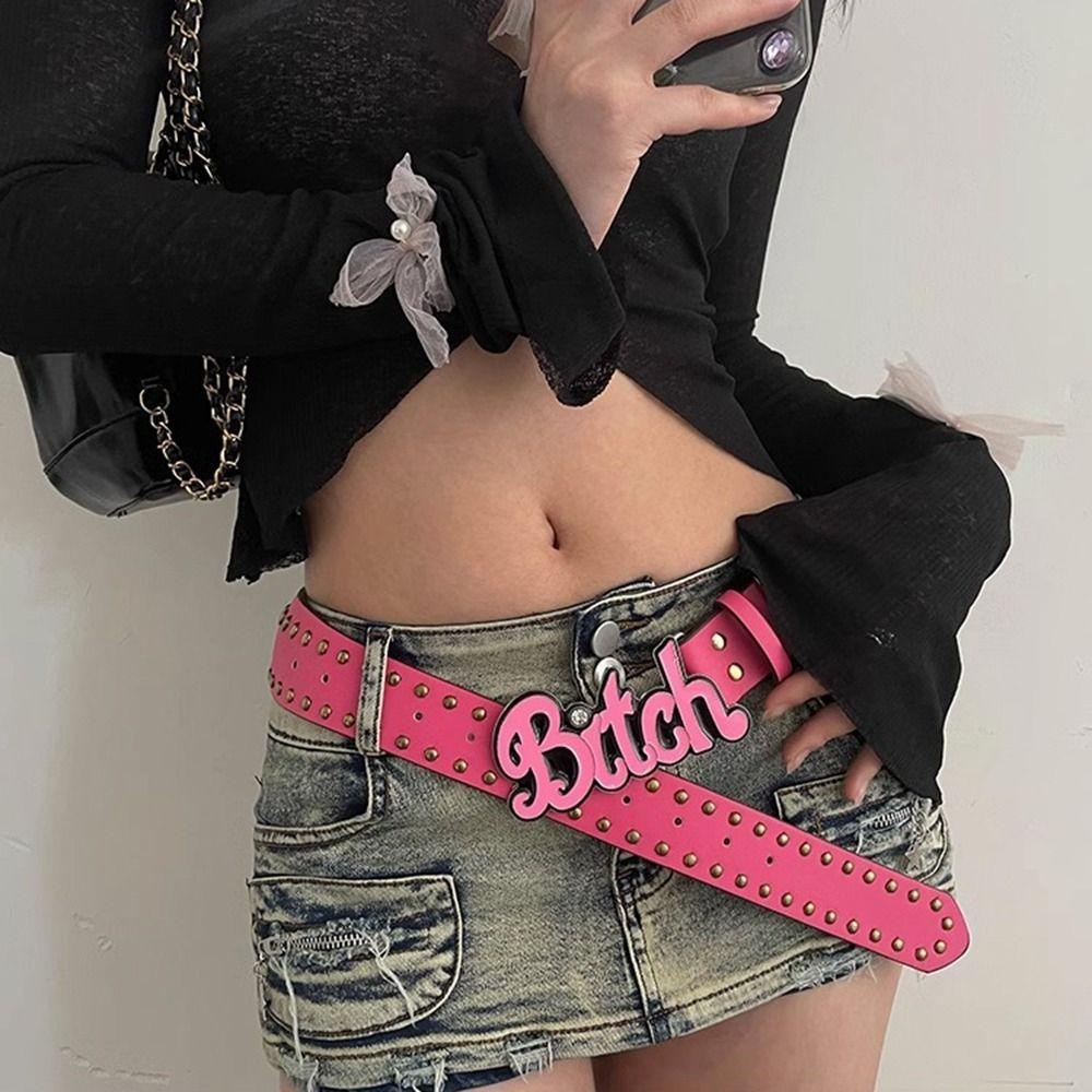 Oceanmap Thắt Lưng Da pu Màu Hồng Đính Đinh Tán Và Chữ Cá Tính Cho Nam y2k