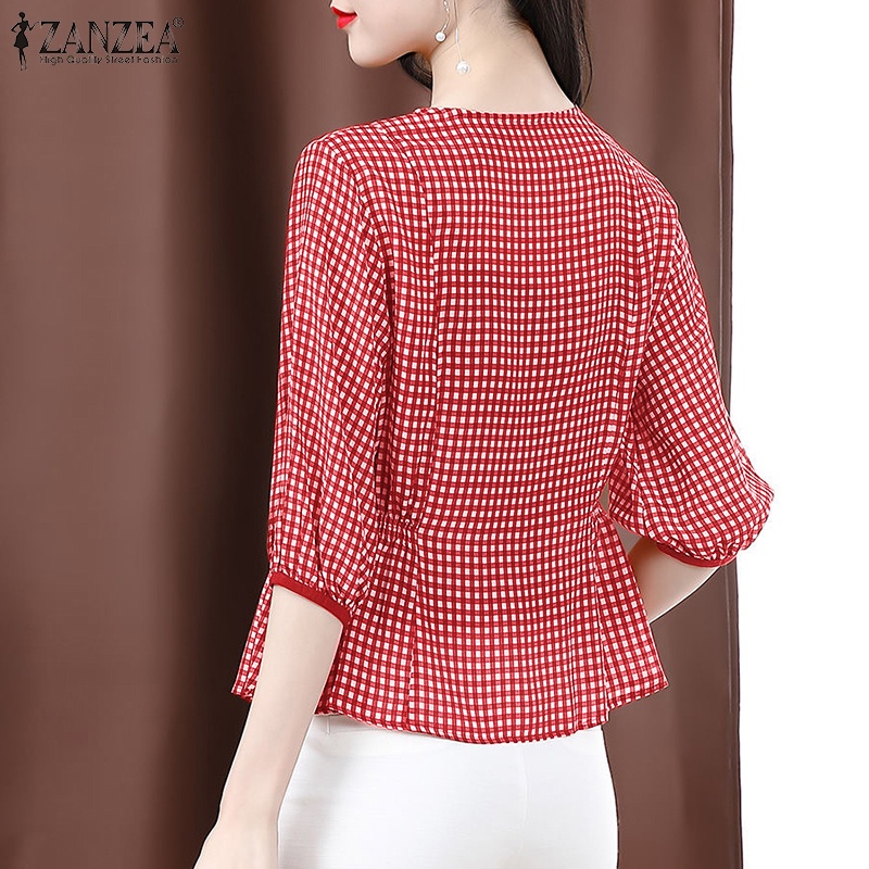 Áo sơ mi ZANZEA tay lửng cổ chữ V họa tiết ca rô thời trang dành cho nữ