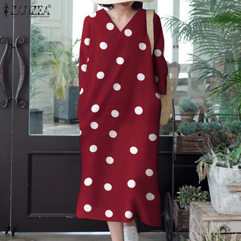 Zanzea Đầm Tay Lửng Cổ Chữ V Họa Tiết Chấm Bi Phong Cách Hàn Quốc Dành Cho Nữ