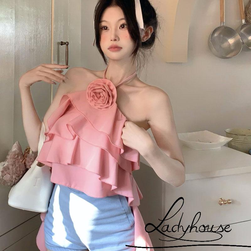 Áo Crop Top Hai Dây Hở Lưng Gợi Cảm 3D Màu Hoa Hồng