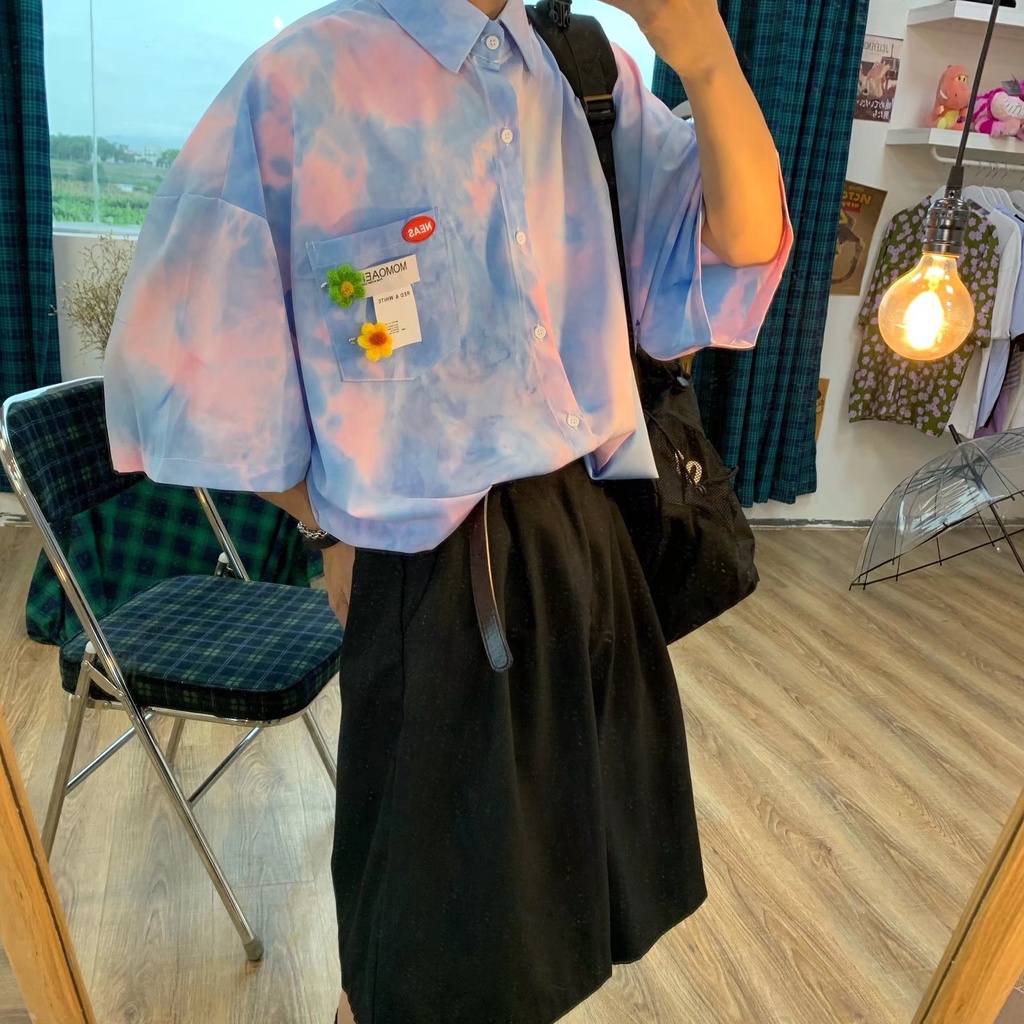 Áo Sơ Mi Ngắn Tay Họa Tiết Màu Nhuộm Phong Cách Harajuku Hip Hop Đường Phố Mùa Hè