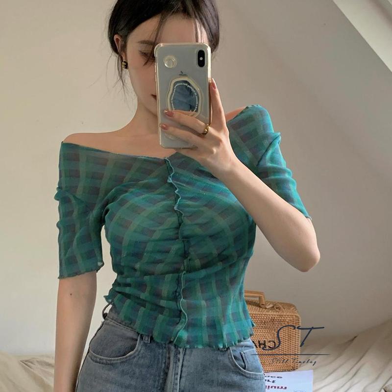 Áo Thun Ngắn Tay Cổ Chữ V Họa Tiết Caro Thời Trang Cho Nữ