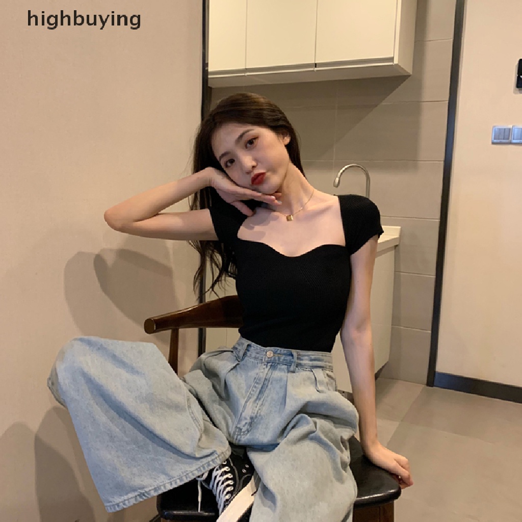 Áo Thun Dệt Kim Tay Ngắn Cổ Vuông Màu Sắc Đơn Giản Cho Nữ