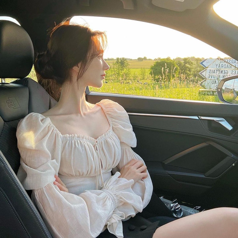 Áo Sơ Mi Chiffon Cổ Vuông Tay Dài Phong Cách Mới Dành Cho Nữ