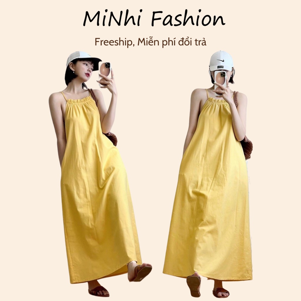 Đầm maxi 2 dây đi biển, Đầm yếm dáng suông form rộng Cao Cấp màu vàng sexy dài qua gối cột nơ sau - MiNhi Fashion