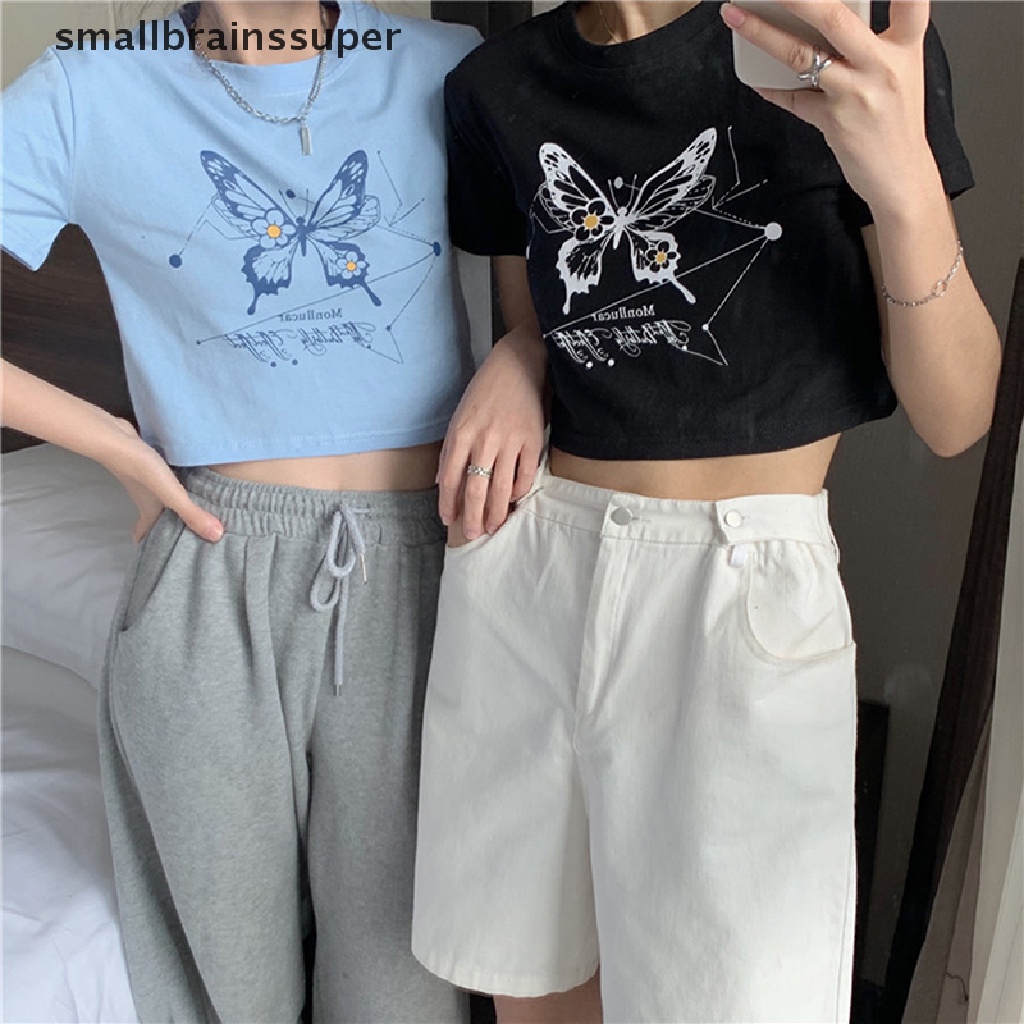 Áo Thun Croptop Tay Ngắn Cổ Tròn Dáng Ôm In Họa Tiết Bướm Thời Trang Mùa Hè Xinh Xắn Cho Nữ