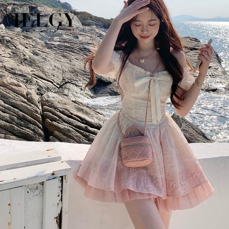 IELGY    Đầm Ngắn Chiết Eo Màu Hồng gradient Trắng Và Ngọt Ngào Phong Cách Hàn Quốc Cho Nữ