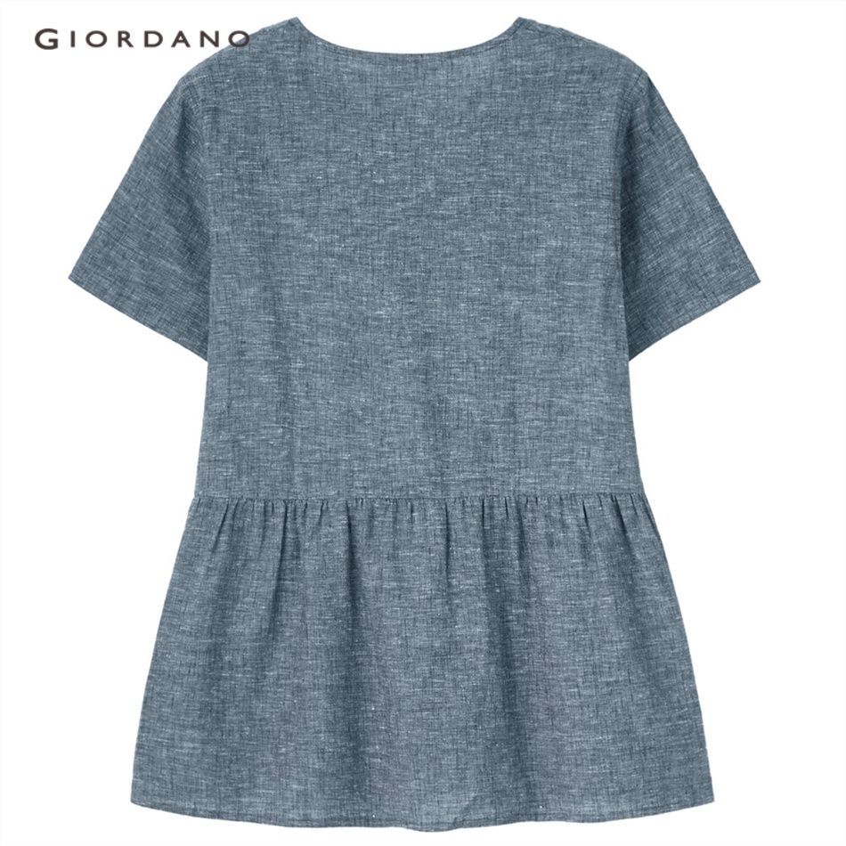 GIORDANO WOMEN Linen cotton ruffle hem short sleeve shirt 05343460