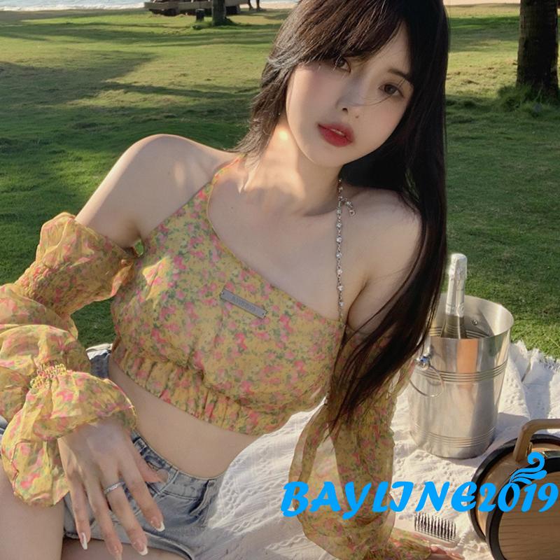 Áo Croptop Trễ Vai Tay Dài Cổ Thuyền In Họa Tiết Hoa Thời Trang Mùa Xuân Quyến Rũ Cho Nữ