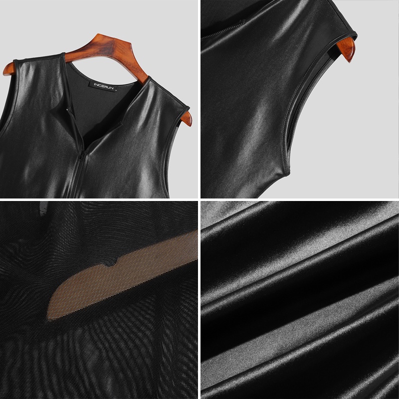 Áo liền quần INCERUN chất liệu da phối lưới phẳng thời trang