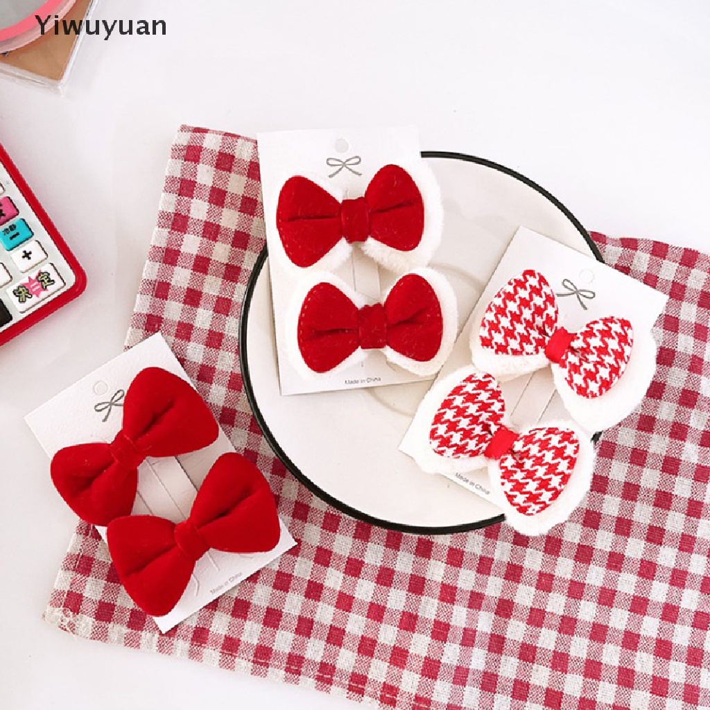 < Yiwuyuan > Kẹp Tóc Nơ Vải Lông Màu Trắng Đỏ Đáng Yêu Thời Trang Thu Đông Dành Cho Bé Gái