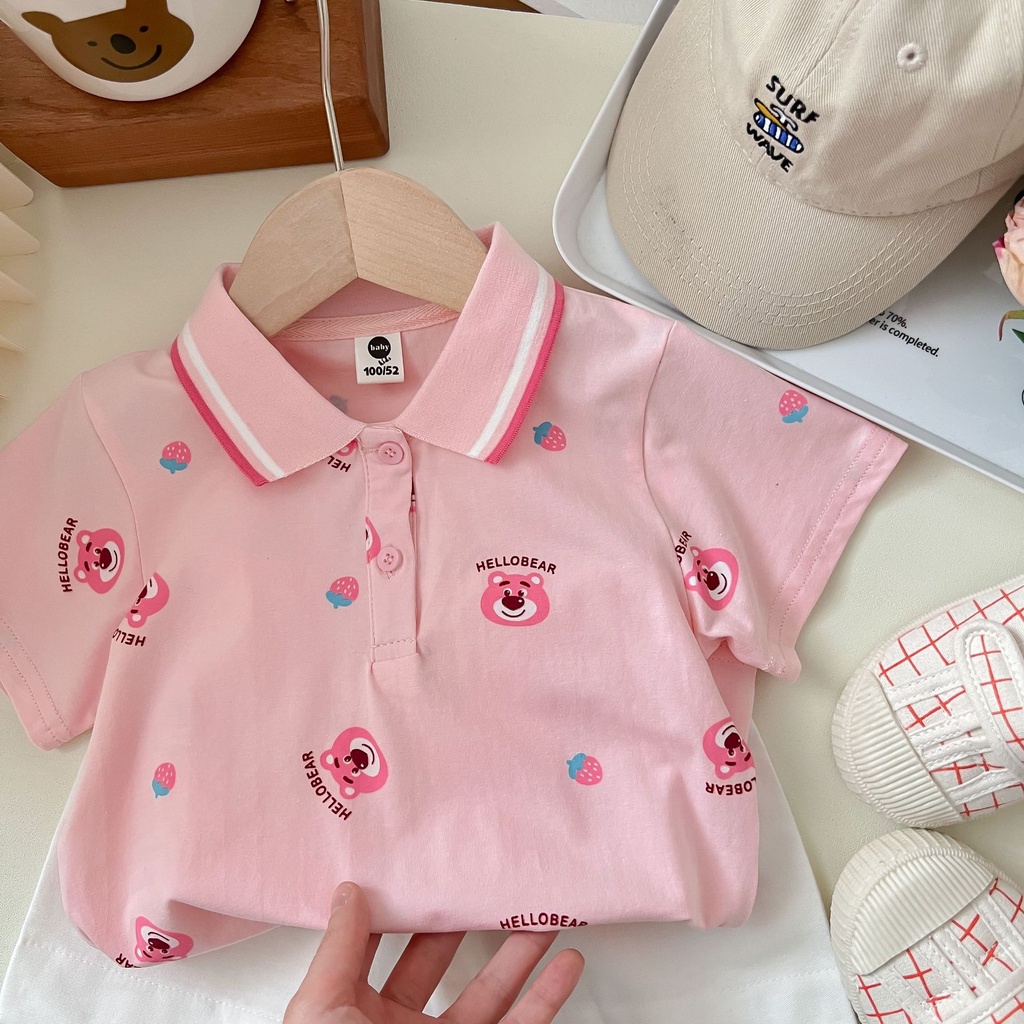 Áo Thun Polo Ngắn Tay Họa Tiết Hoạt Hình Gấu Và Dâu Tây Thời Trang Mùa Hè Cho Bé Gái