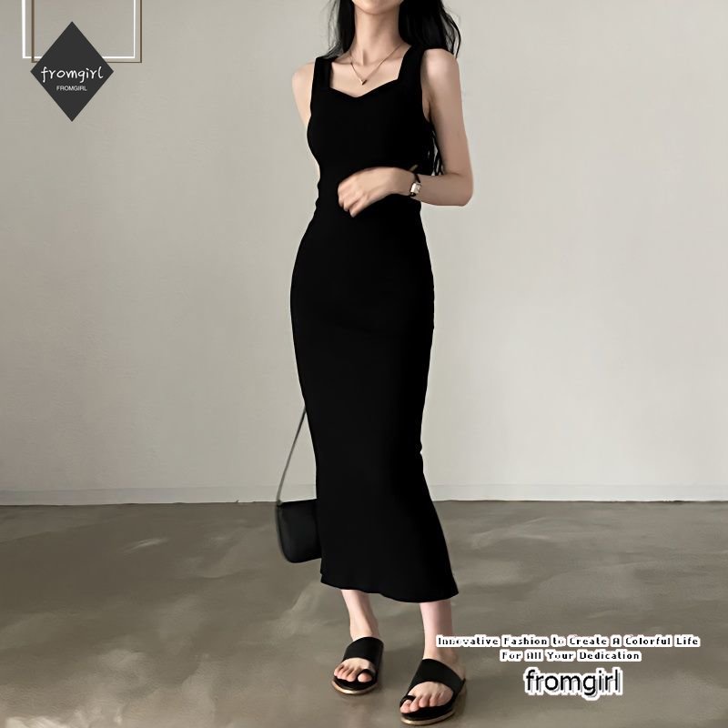 Đầm midi Hai Dây Cổ Vuông Màu Đen Thời Trang Cho Nữ