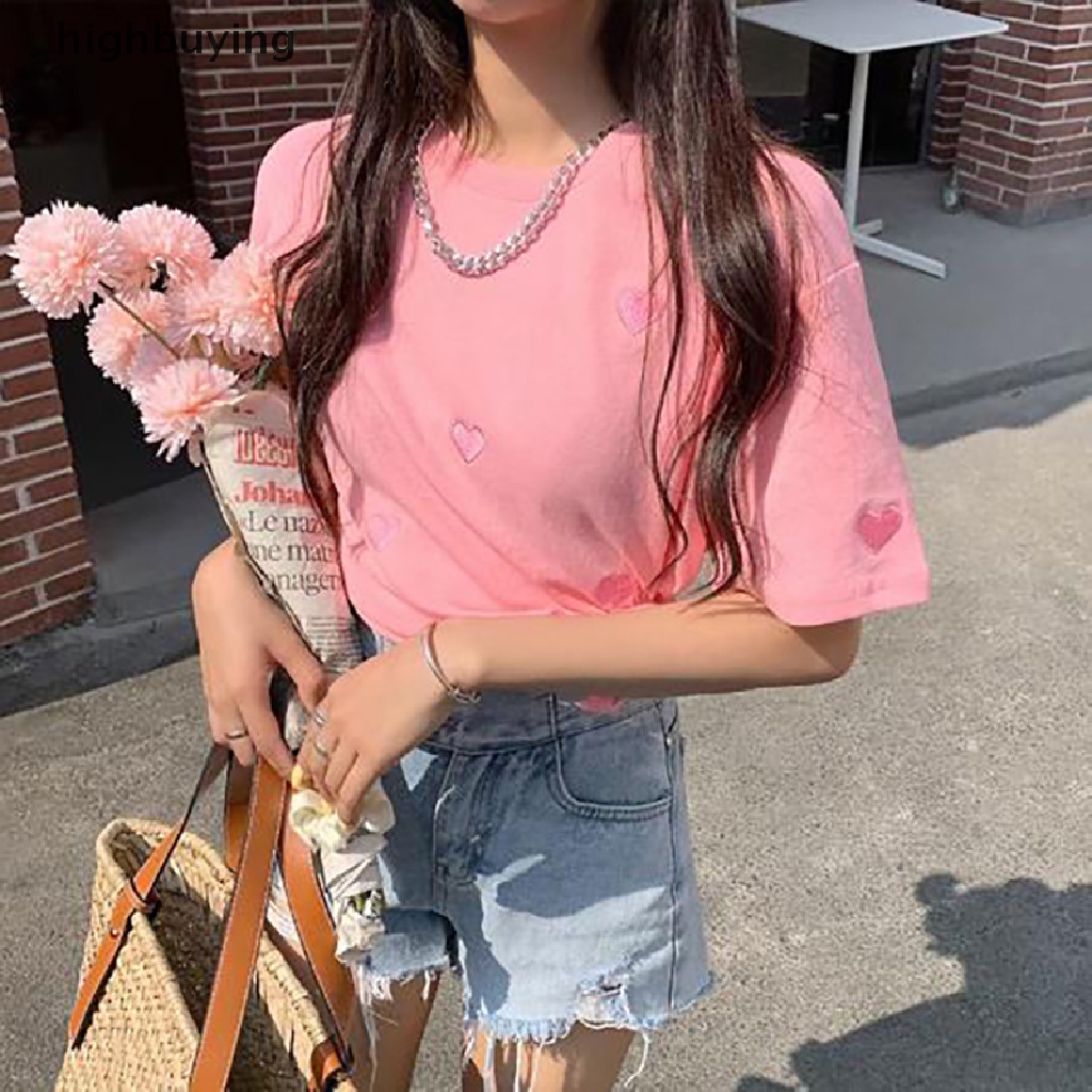 Áo Thun Tay Ngắn Cổ Tròn Thêu Hình Trái Tim Thời Trang Mùa Hè Cho Nữ