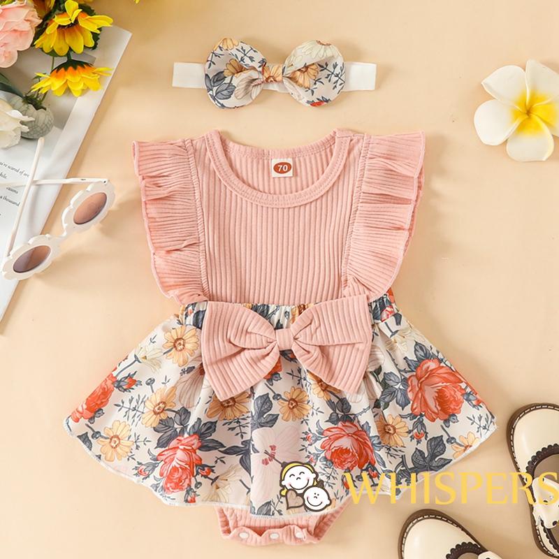 Đầm Dáng Chữ A Tay Cánh Tiên In Hoa Phối Nơ Kèm Băng Đô Xinh Xắn Cho Bé Gái