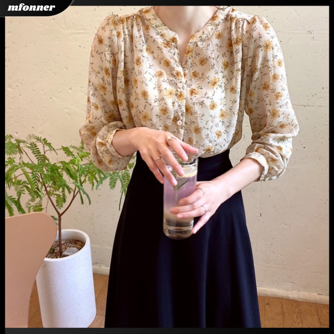 Áo Sơ Mi Voan Hoa Dài Tay Cổ V Thời Trang Nữ Tính