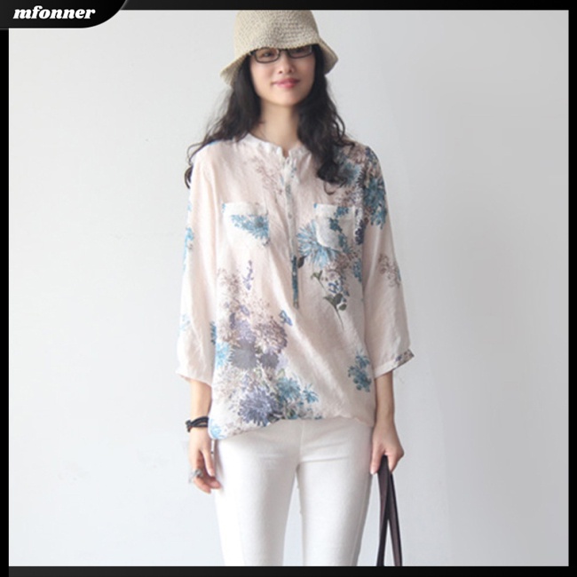 Áo Sơ Mi Cotton Lanh Ngắn Tay Họa Tiết Hoa Thời Trang Cho Nữ