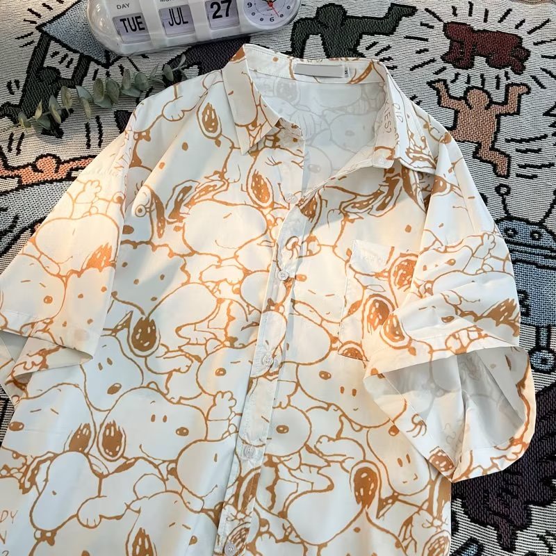 Áo Sơ Mi Tay Ngắn In Họa Tiết Hoạt Hình Snoopy Phong Cách Hàn Quốc Thời Trang Mùa Hè 2023 Cho Nam