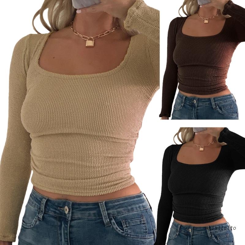 Whi Áo Croptop Dệt Kim Tay Dài Cổ Chữ U Khoét Sâu Màu Trơn Ôm Dáng Gợi Cảm Cho Nữ Bl