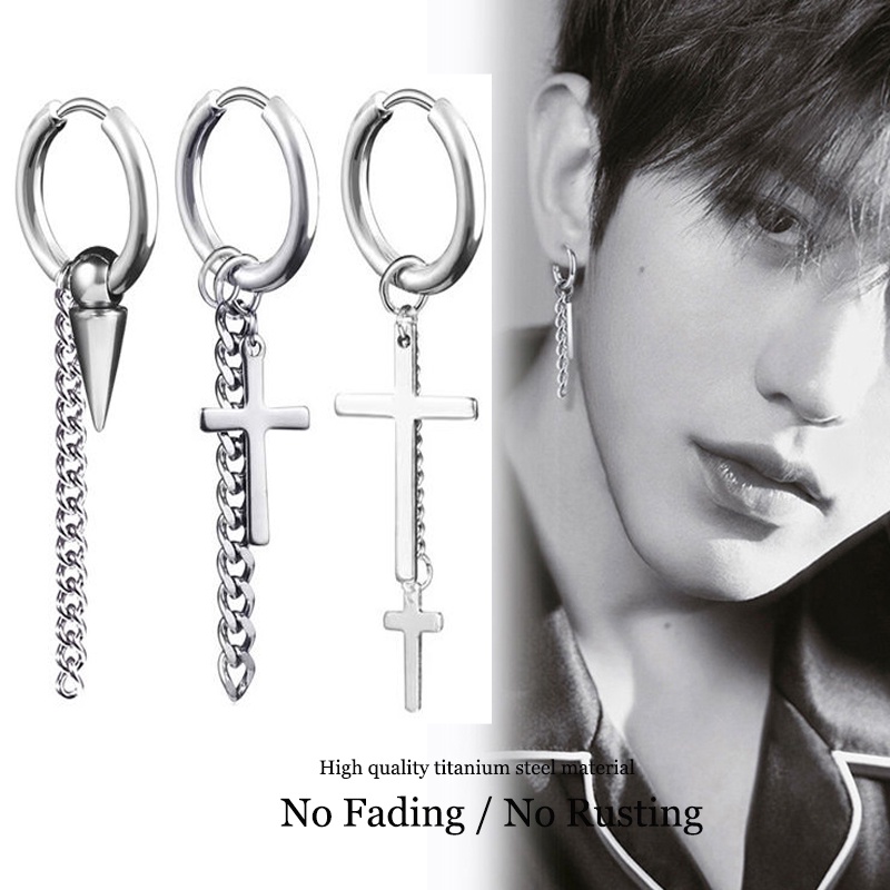 Bông Tai Dạng Kẹp Hình Thánh Giá Bằng Thép Titan  1 Cái Bông Tai Dây Xích Tua Kiểu Hàn Quốc Cá Tính Dành Cho Bạn Nữ