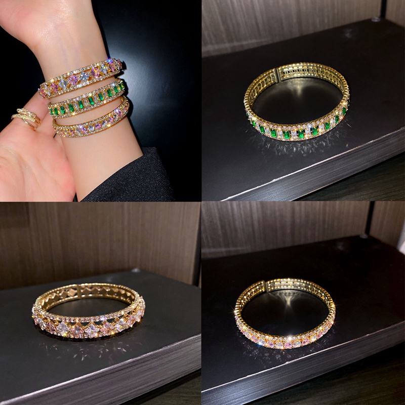 Vòng Tay Hở Đính Đá Zircon Màu Hồng / Xanh Lá Phong Cách Nghệ Thuật Hàn Quốc