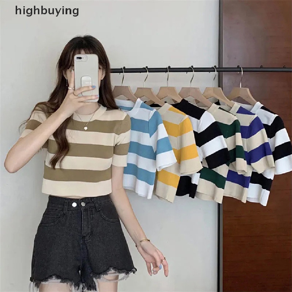 Áo Thun Croptop Dệt Kim Ngắn Tay Cổ Tròn Họa Tiết Kẻ Sọc Phong Cách Vintage