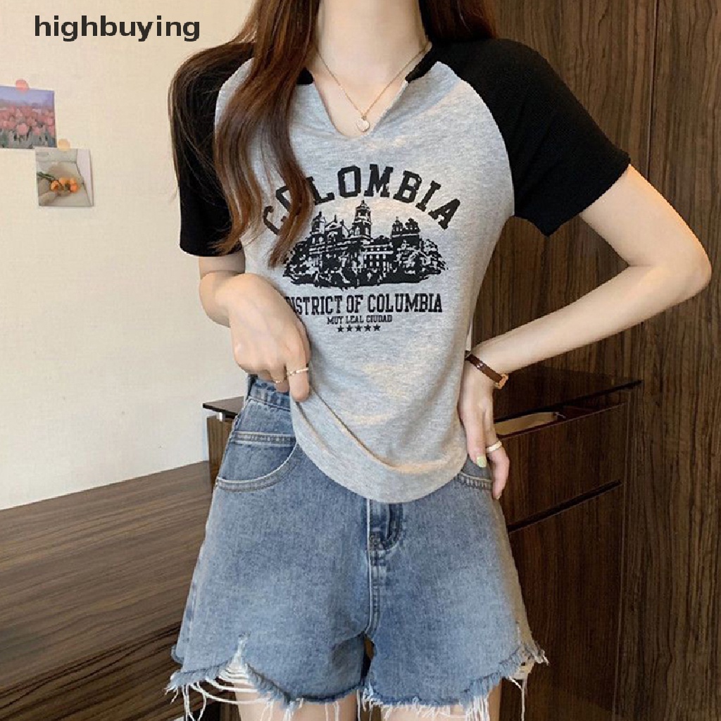 Áo Thun Lửng Ngắn Tay Cổ Chữ V In Họa Tiết Retro Cho Nữ