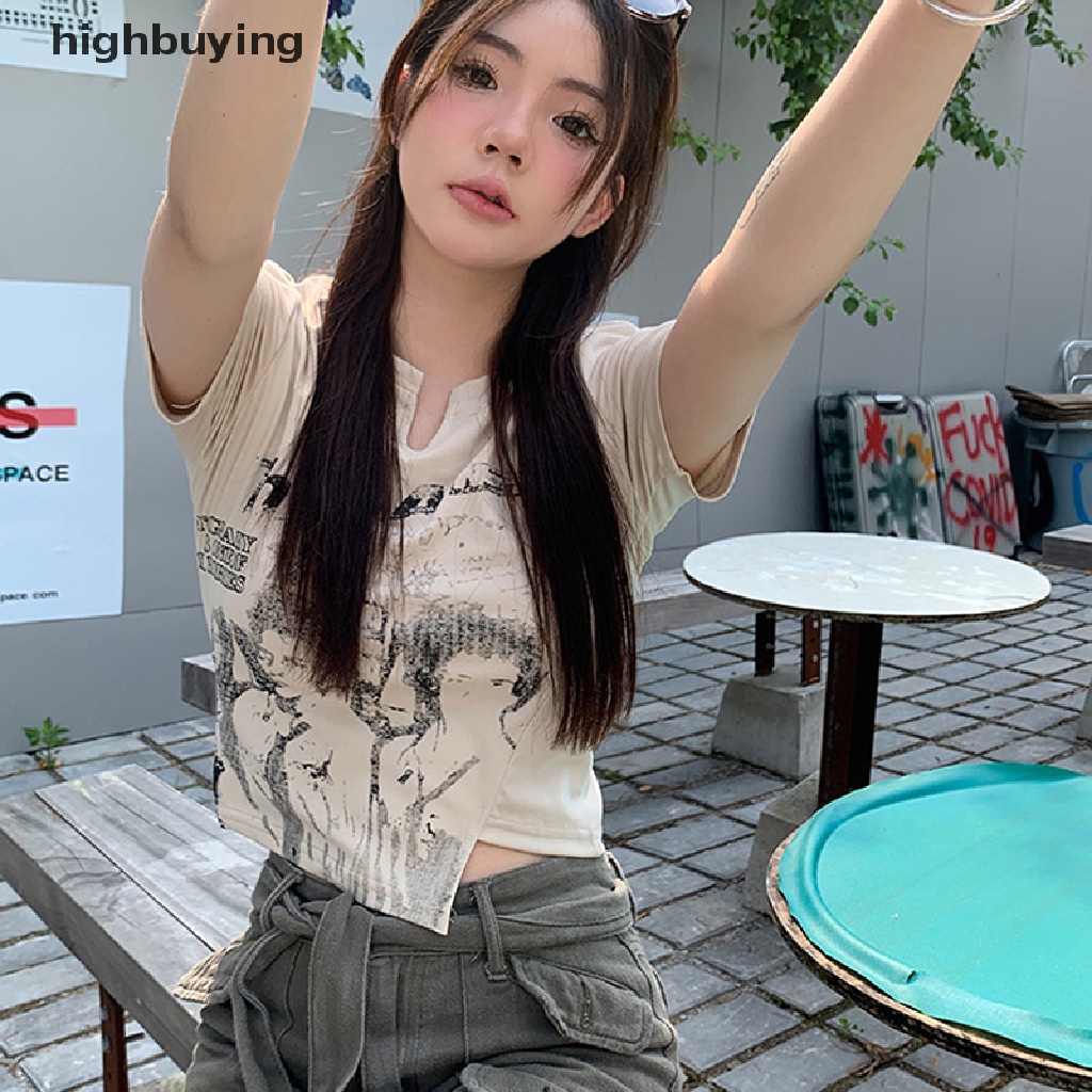 Áo Thun Lửng Ngắn Tay Cổ Chữ V In Họa Tiết Retro Cho Nữ