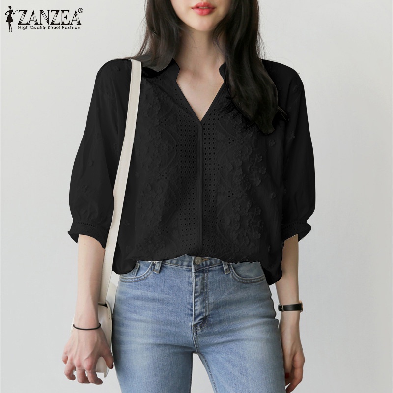 Zanzea Áo Nữ Tay Phồng Cổ Chữ V Thời Trang Phong Cách Hàn Quốc