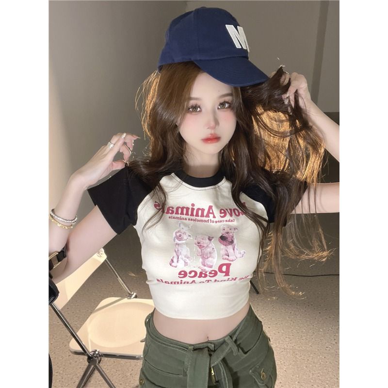 COZOK Áo Thun Croptop Tay Ngắn Màu Sắc Retro Trẻ Trung Quyến Rũ Dành Cho Nữ