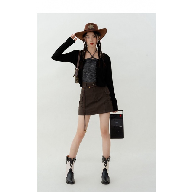 Chân Váy Denim Chữ A Lưng Cao Màu Cà Phê Thời Trang Đường Phố Mùa Hè Cho Nữ