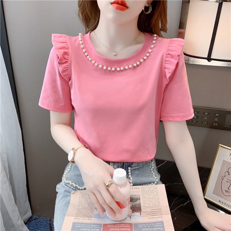 Áo Kiểu Cổ Tròn Phối Ren Bèo Thời Trang Mùa Hè Cho Nữ