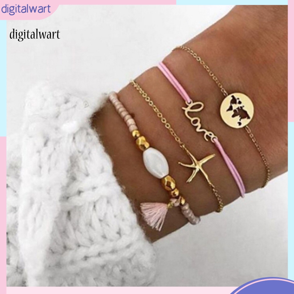 Kỹ Thuật Số| Set 5 Vòng Đeo Tay Họa Tiết Hoa Sen Rỗng Sáng Điều Chỉnh Được Cho Nữ