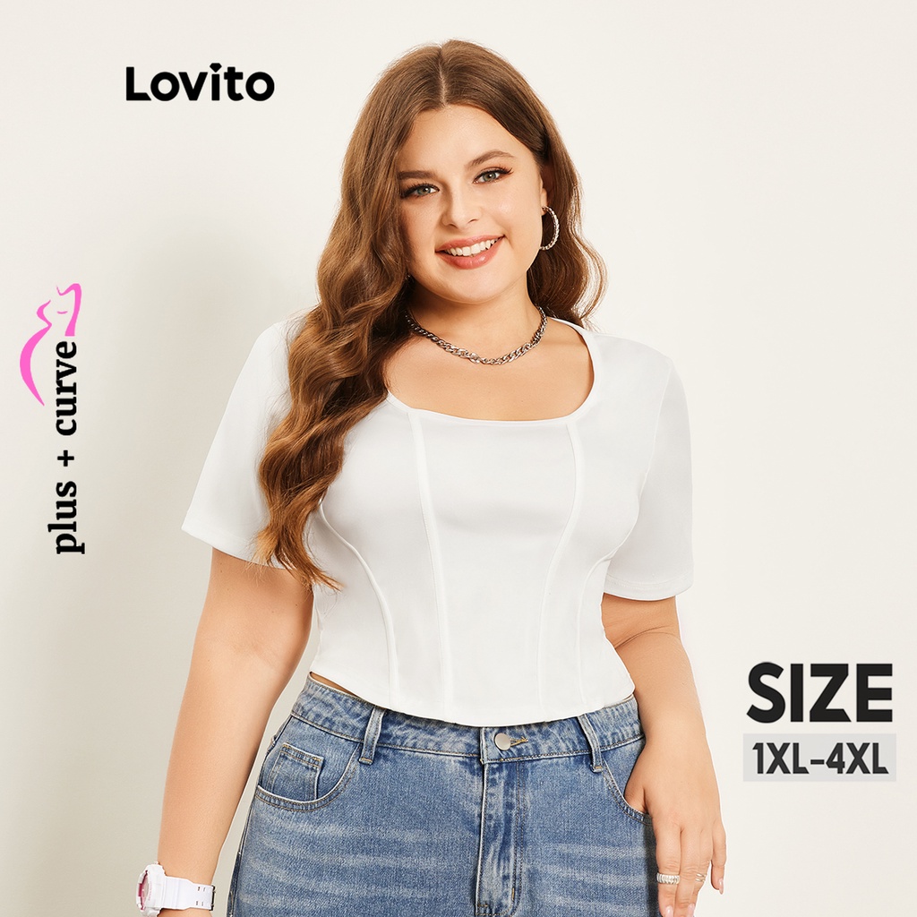 Áo thun Lovito plus size khâu cổ U màu trơn phong cách thường ngày cho nữ LPS06012 (màu trắng)