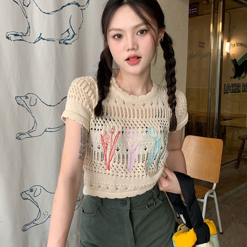 Áo Thun Lửng Đan Len Họa Tiết Hoa Thời Trang Cho Nữ