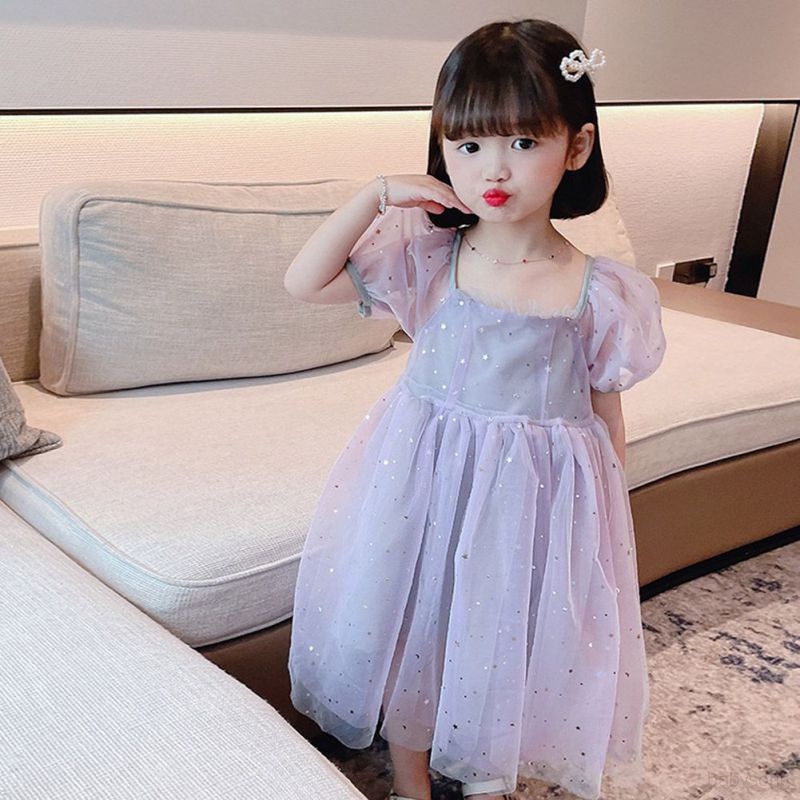 Đầm Công Chúa Tay Ngắn Phồng Hở Lưng Đính Nơ Lấp Lánh Dành Cho Bé Gái