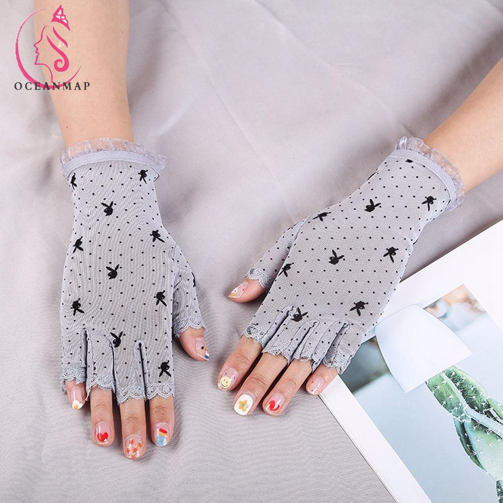 Găng Tay Lái Xe Hở Ngón Phối Ren Lưới Mỏng Họa Tiết Đầu Thỏ Nhiều Màu Cổ Điển Quyến Rũ Cho Nữ