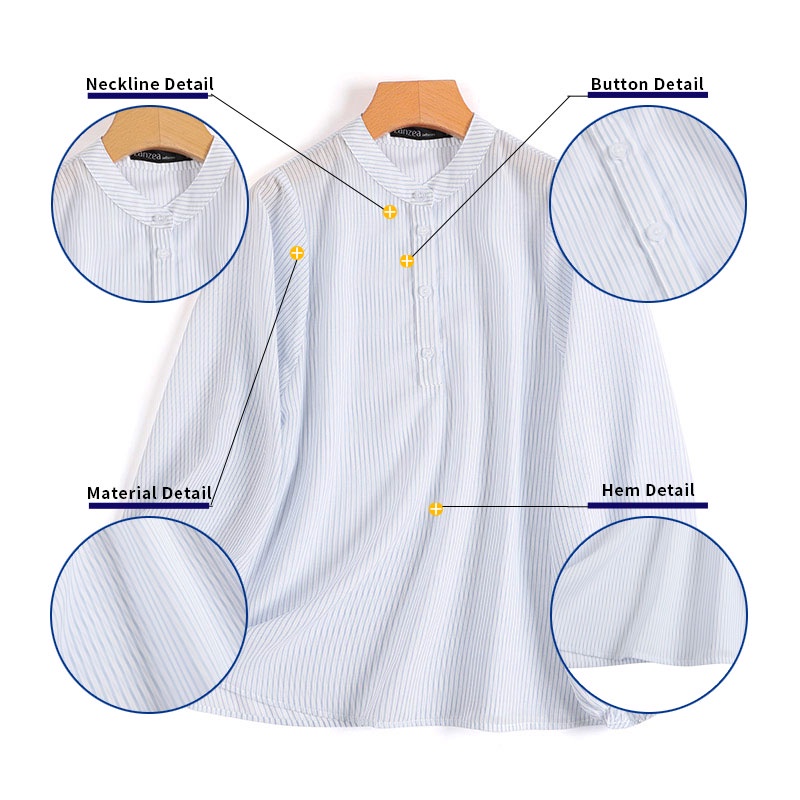 Áo sơ mi ZANZEA tay phồng cổ đứng họa tiết kẻ sọc thời trang Hàn Quốc cho nữ