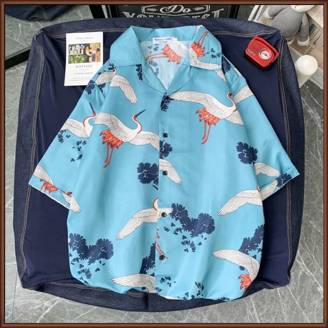 Áo Sơ Mi Tay Ngắn Dáng Rộng In Họa Tiết Chim Hạc Độc Đáo Thời Trang Mùa Hè Cho Nam