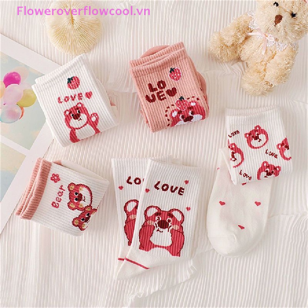 Vớ Cổ Trung Họa Tiết Gấu Và Dâu Tây Hoạt Hình Phong Cách Hàn Quốc Dễ Thương Thời Trang Cho Nữ