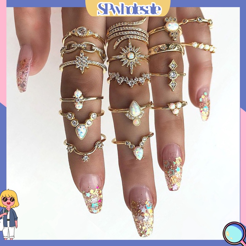<SPwholesale> Set 17 Nhẫn Đeo Khớp Ngón Tay Đính Đá Phong Cách Vintage Cho Nữ